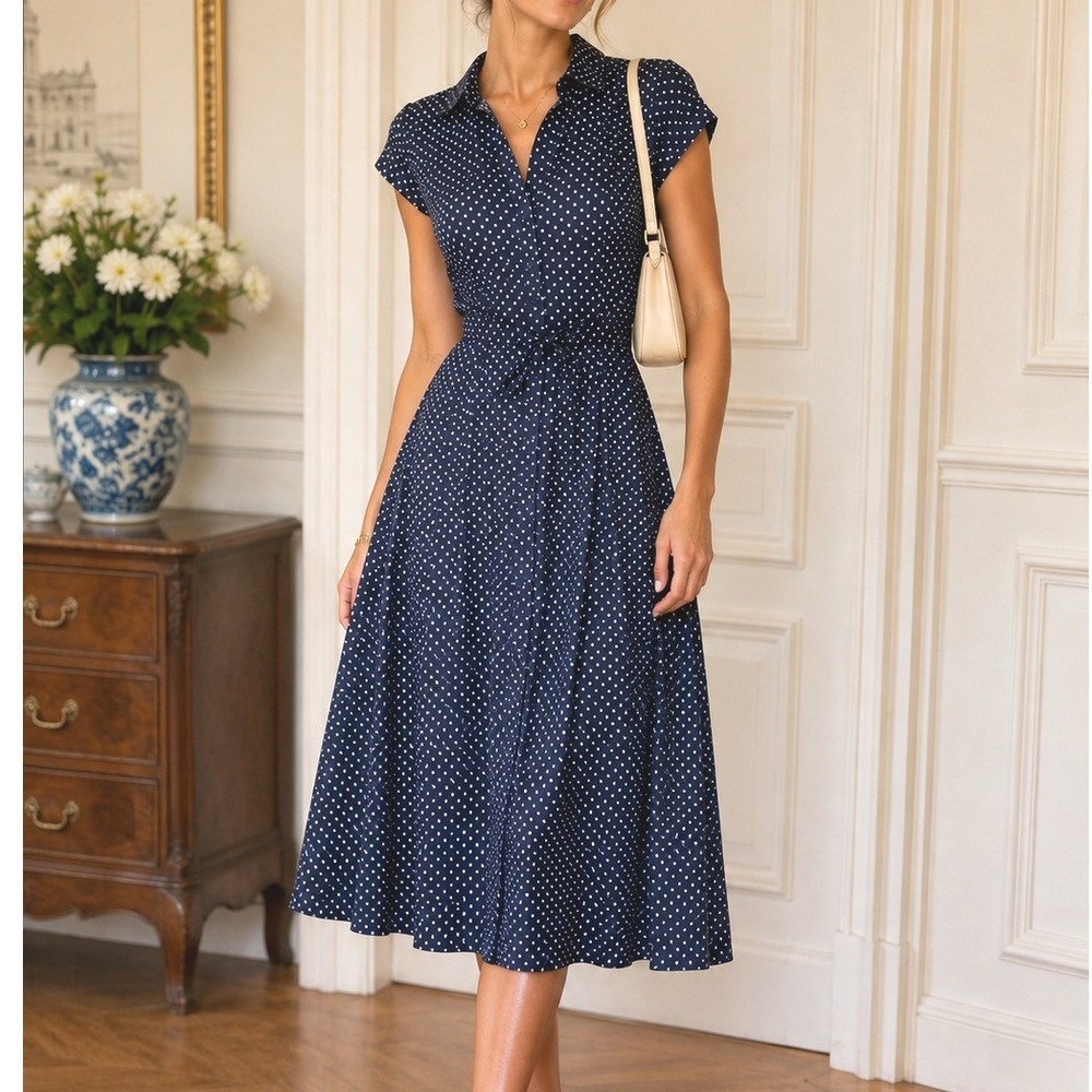 Ellos Navy Blue Polka Dot Shirt Dress Midi Button Front Belted Size L 18/20